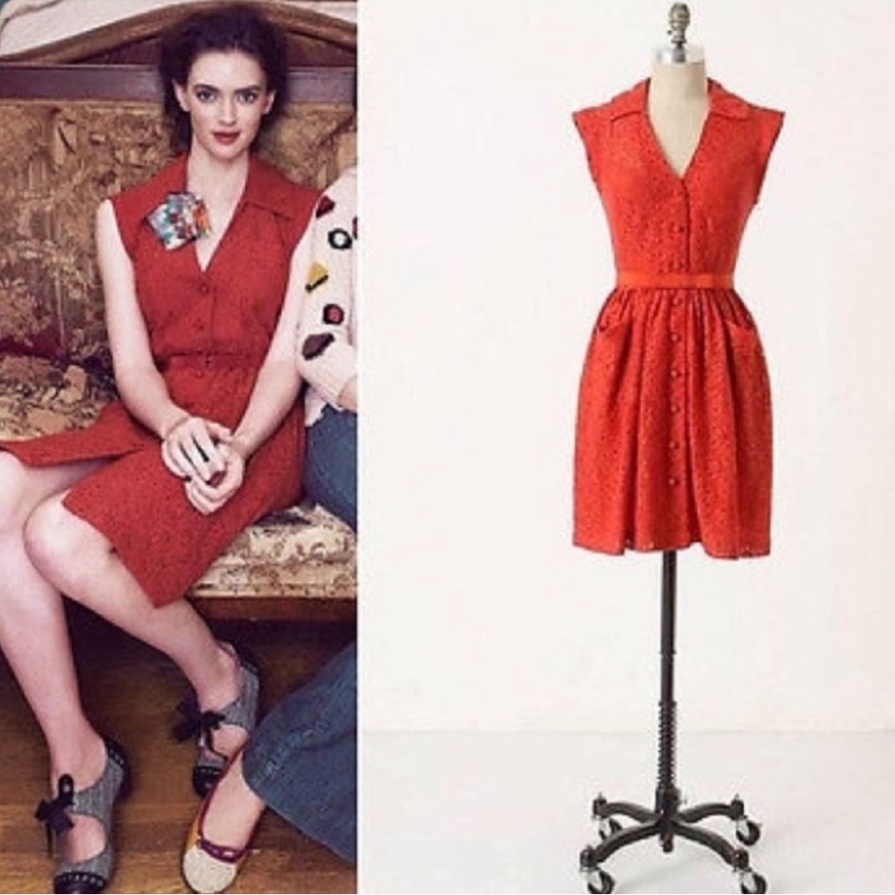 Anthropologie Frock! Tracy Reese Burnt Orange Button Up Lace Dress